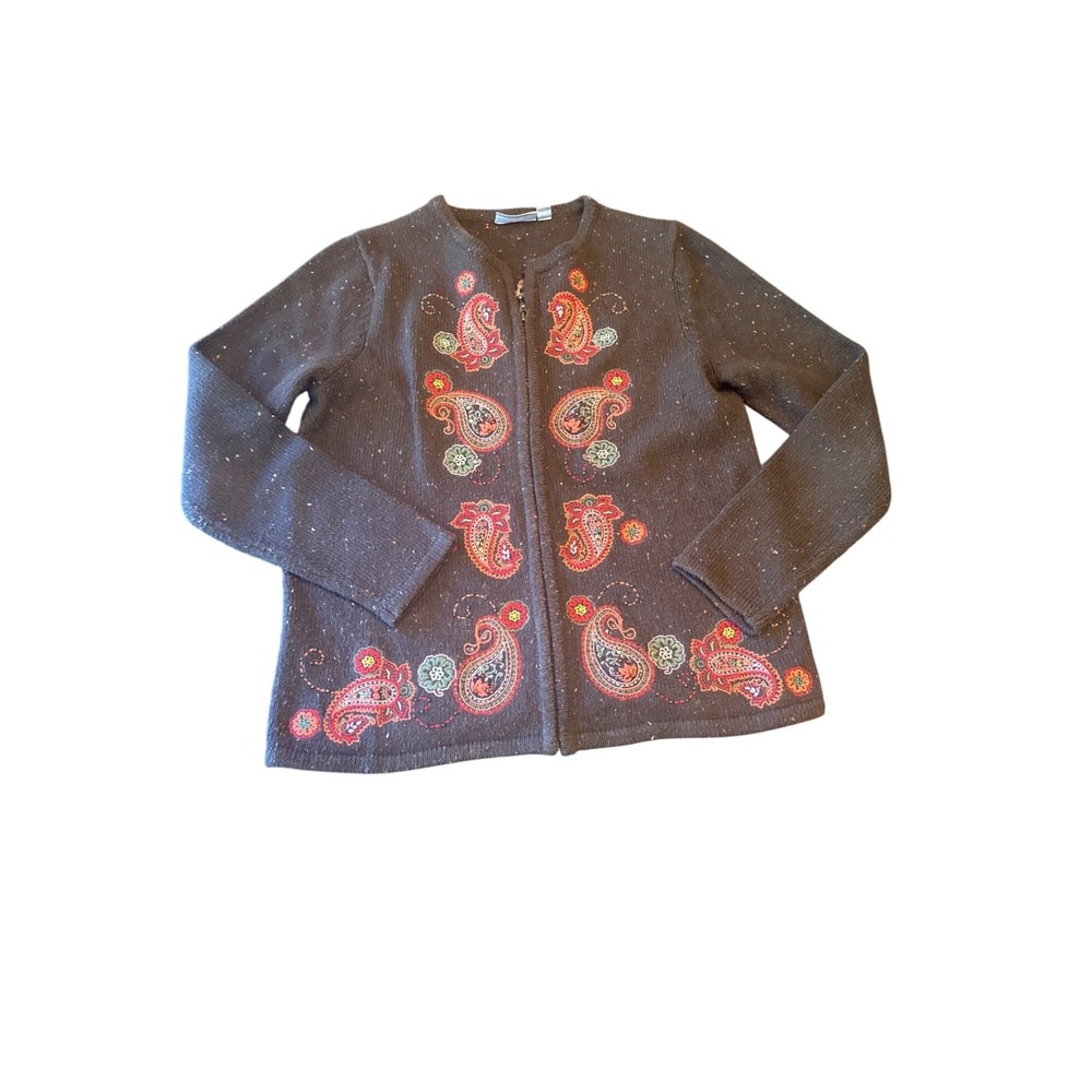 Vintage Autumn Fall Embroidered Zip Cardigan Sweater Orannge Brown Silk Blend